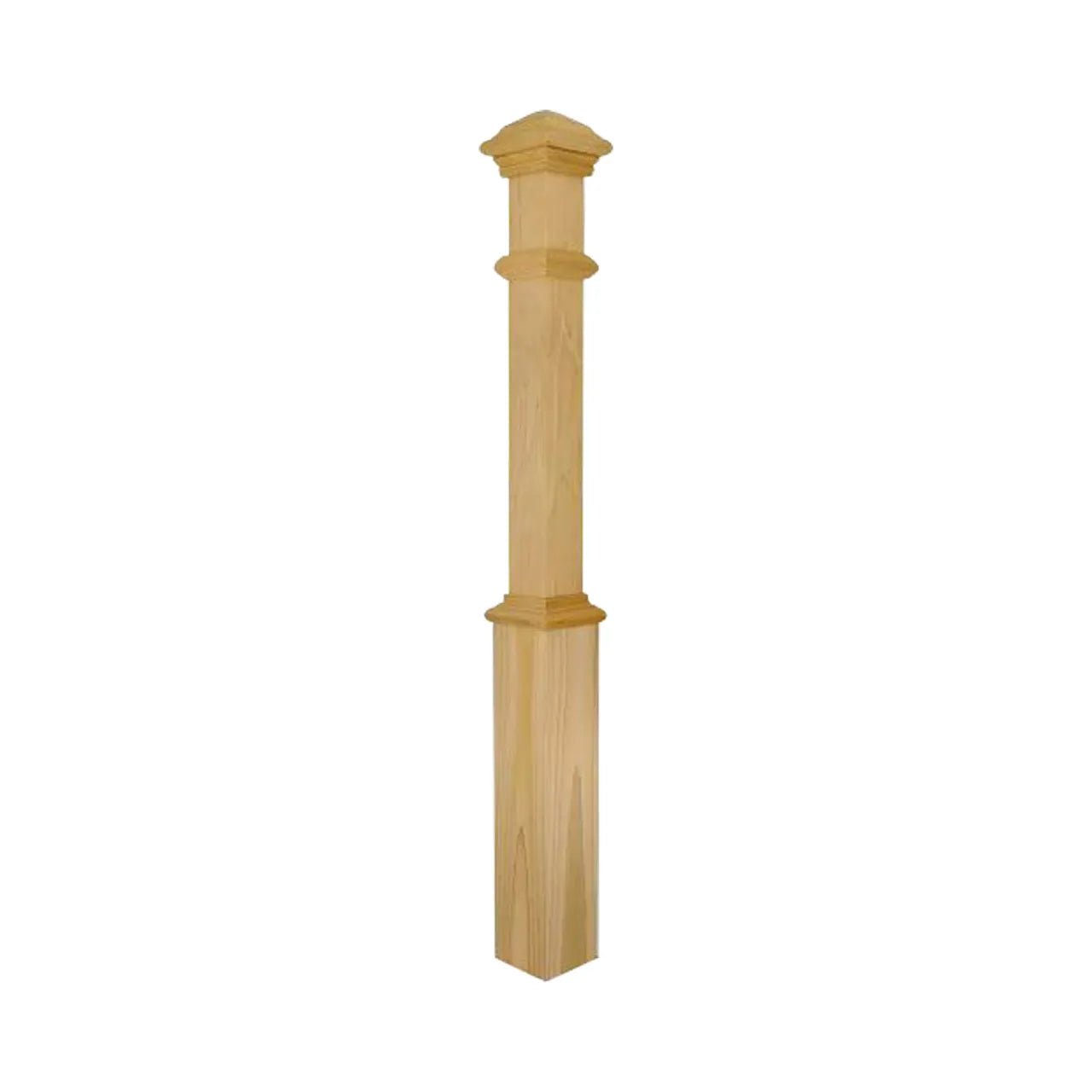 The Go Build 55 in. x 5 in. Unfinished Poplar Box Newel features a square base, decorative cap, and smooth finish—perfect for high-quality stair railings and an essential part of any railing system.